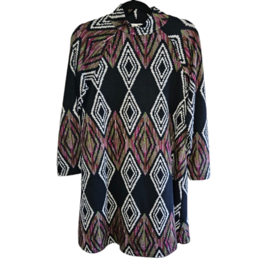 Loveriche Dress Women's Small 70s Aesthetic Retro Mod Hippie Argyle Mock Neck